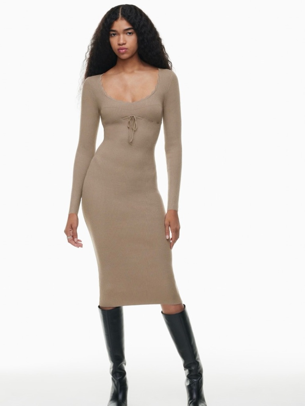 Ribbed Scoop Neck Long Sleeve Midi Dress - Taupe